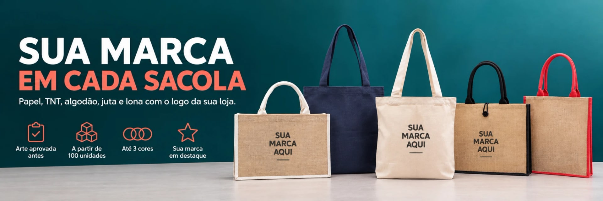 Sua marca em cada sacola: papel, TNT, algodão, juta e lona